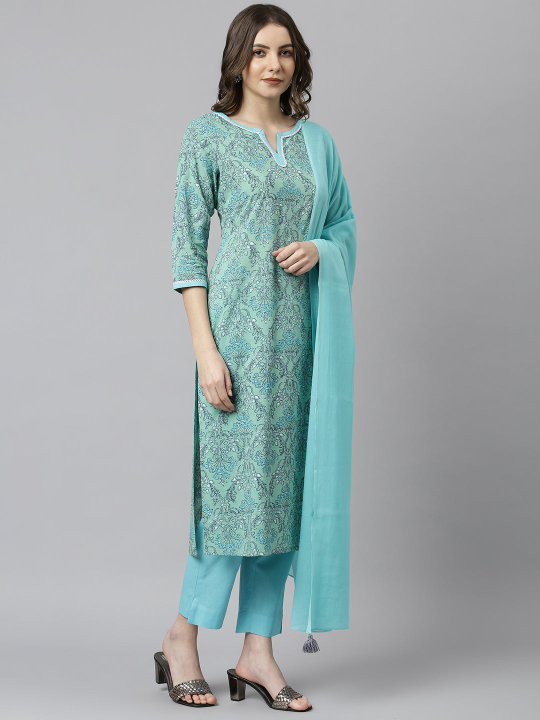 Janasya Women's Sea Green Cotton Floral Print Kurta With Pant And Dupatta - Distacart