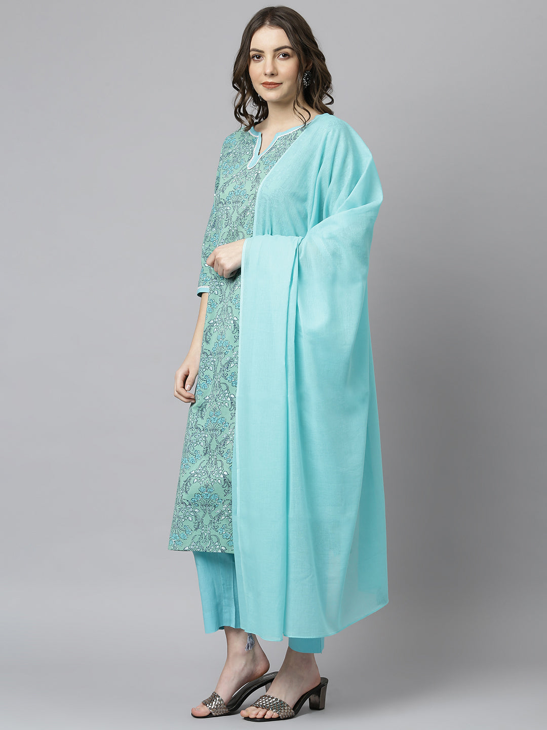 Janasya Women's Sea Green Cotton Floral Print Kurta With Pant And Dupatta - Distacart