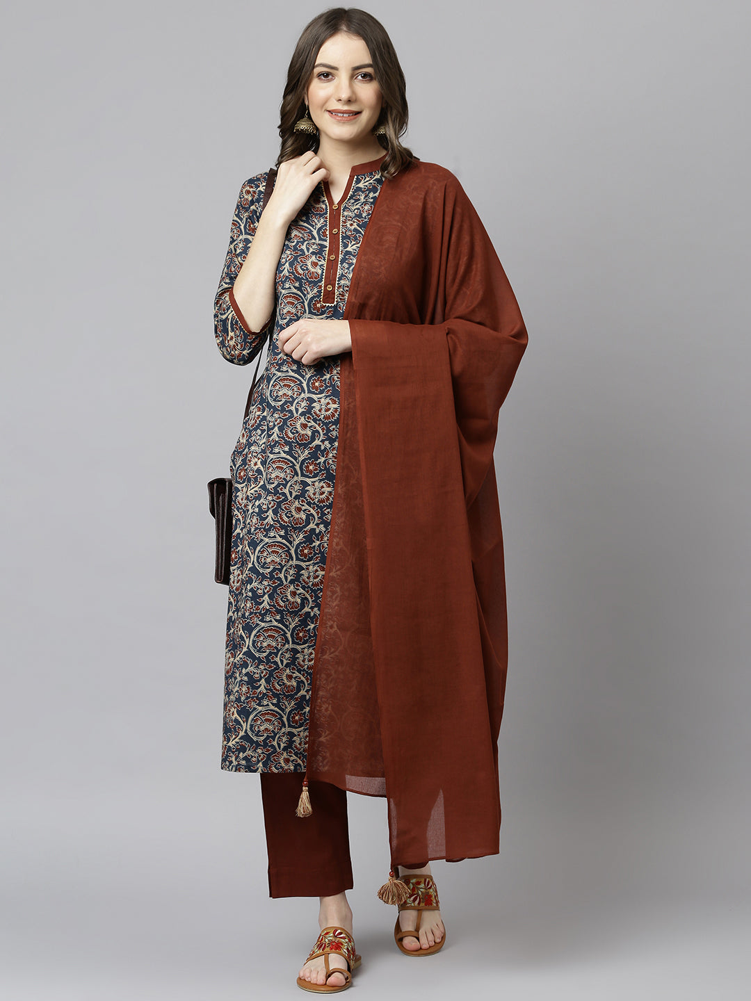 Janasya Women's Teal Blue Cotton Floral Print Kurta With Pant And Dupatta - Distacart