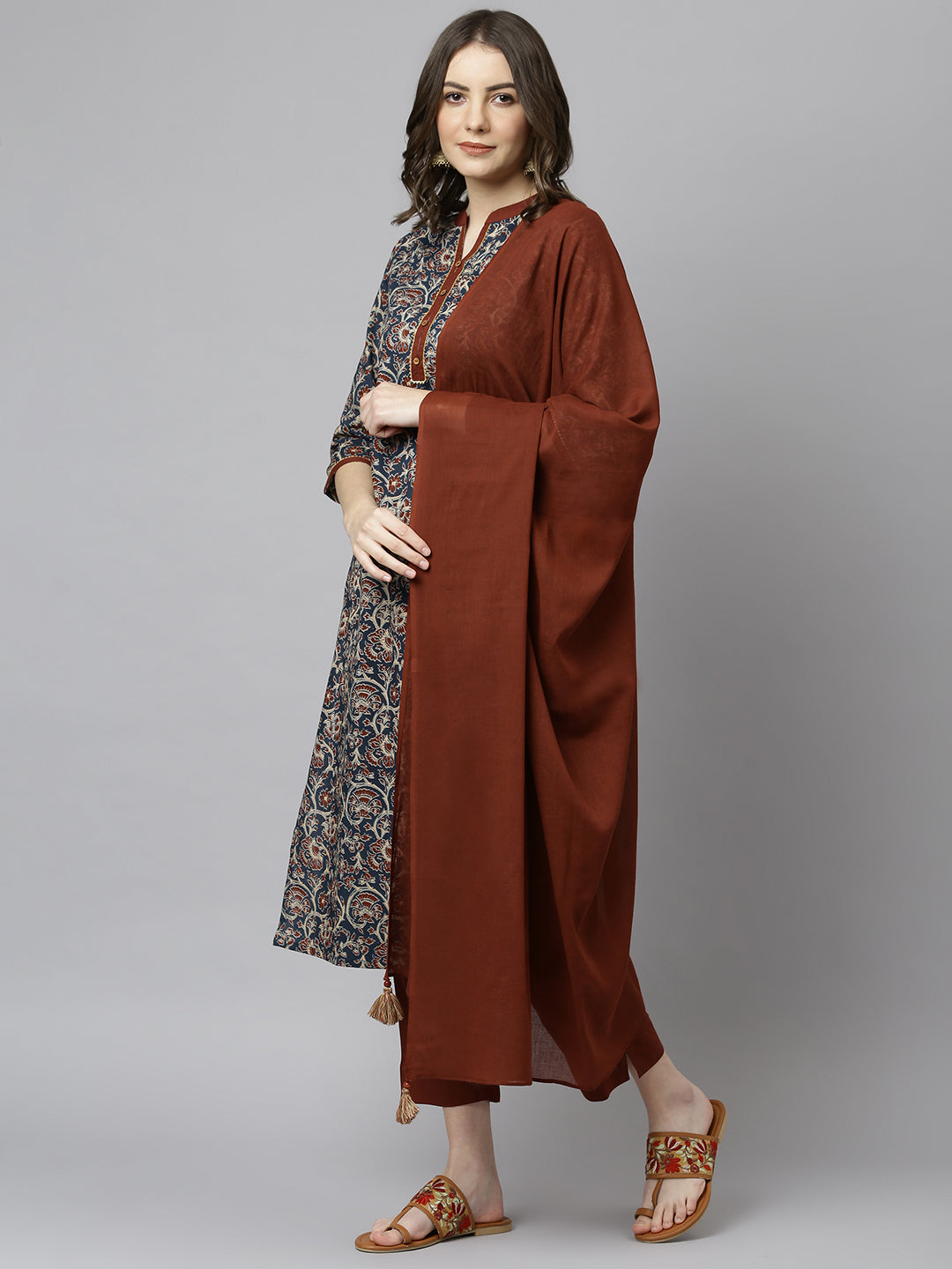 Janasya Women's Teal Blue Cotton Floral Print Kurta With Pant And Dupatta - Distacart