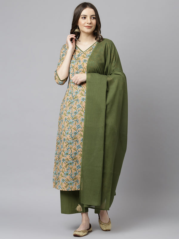 Janasya Women's Peach Cotton Floral Print Kurta With Palazzo And Dupatta - Distacart
