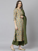 Thumbnail for Janasya Women's Peach Cotton Floral Print Kurta With Palazzo And Dupatta - Distacart