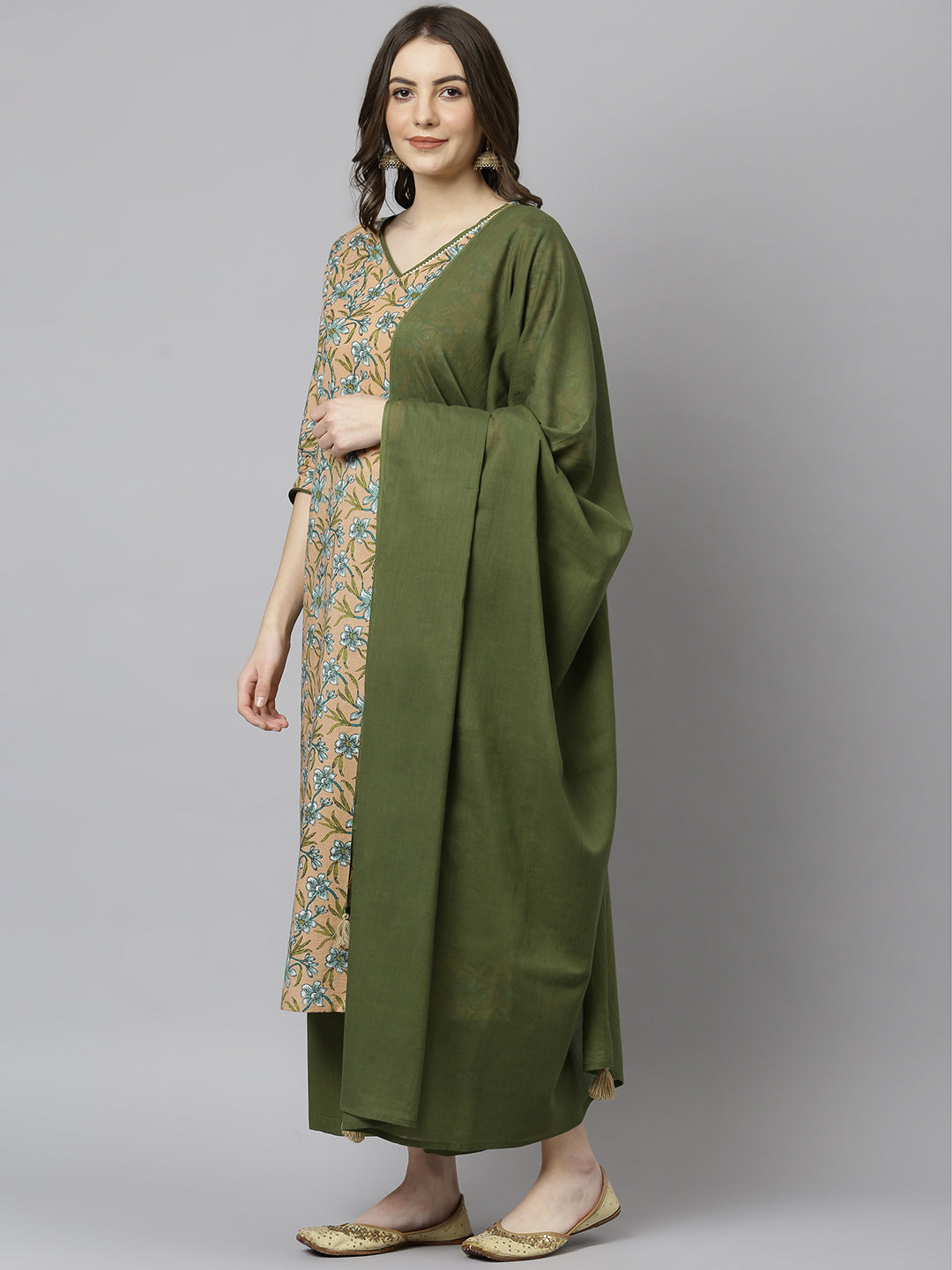 Janasya Women's Peach Cotton Floral Print Kurta With Palazzo And Dupatta - Distacart