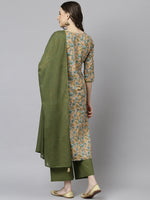 Thumbnail for Janasya Women's Peach Cotton Floral Print Kurta With Palazzo And Dupatta - Distacart