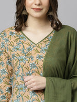 Thumbnail for Janasya Women's Peach Cotton Floral Print Kurta With Palazzo And Dupatta - Distacart