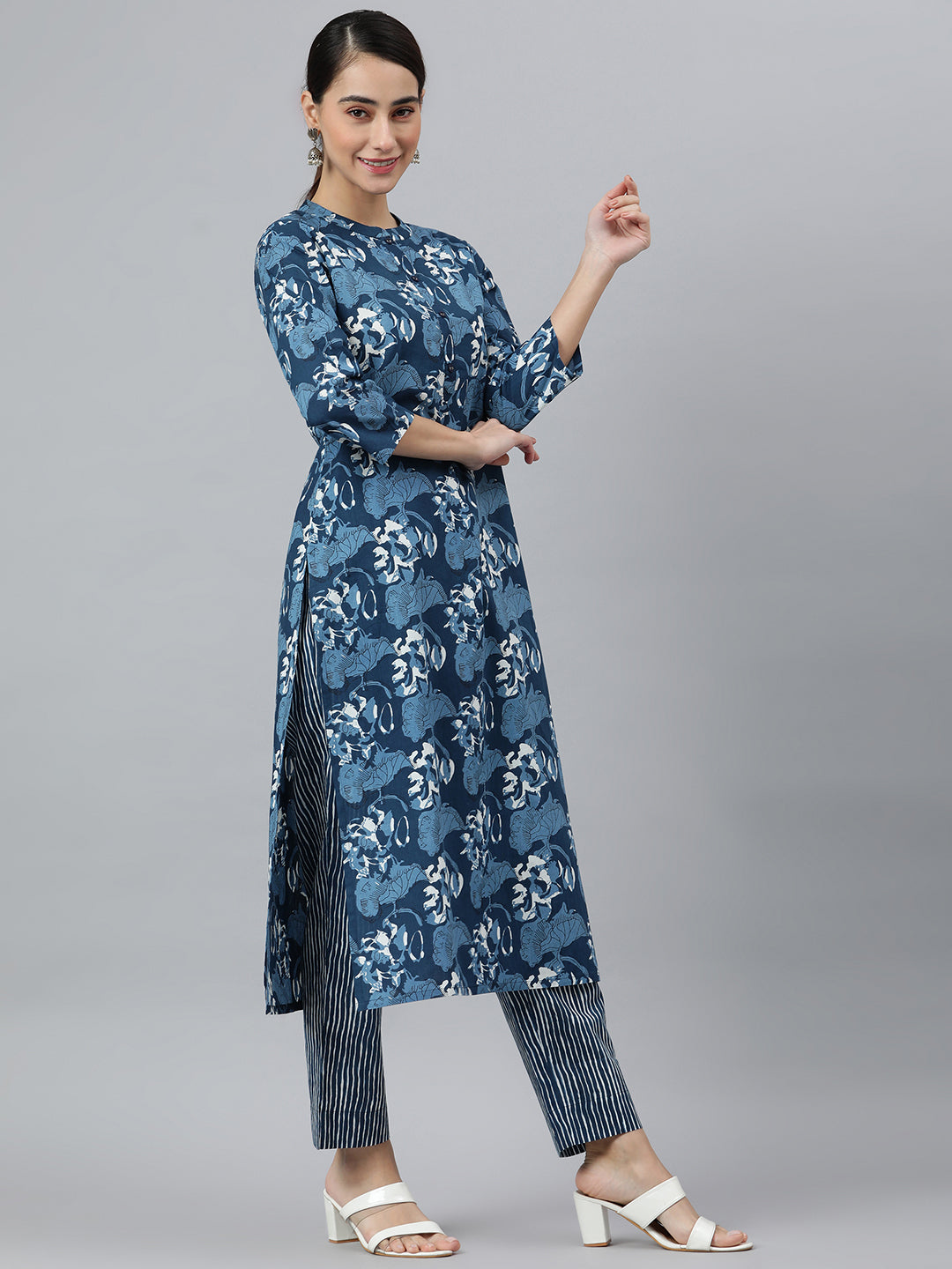 Janasya Women's Blue Cotton Block Print Kurta With Pant And Dupatta - Distacart