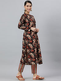 Thumbnail for Janasya Women's Black Cotton Botanical Print Kurta With Pant And Dupatta - Distacart