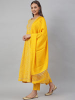 Thumbnail for Janasya Women's Yellow Cotton Bandhej Kurta With Pant And Dupatta - Distacart