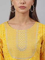 Thumbnail for Janasya Women's Yellow Cotton Bandhej Kurta With Pant And Dupatta - Distacart