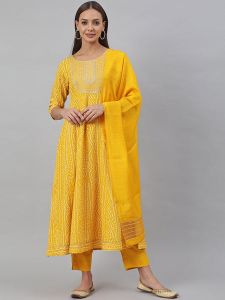 Janasya Women's Yellow Cotton Bandhej Kurta With Pant And Dupatta - Distacart