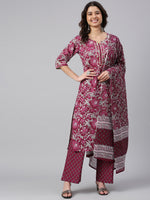 Thumbnail for Janasya Women's Wine Cotton Floral Print Kurta With Palazzo And Dupatta - Distacart