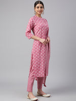 Thumbnail for Janasya Women's Mauve Cotton Floral Print Kurta With Pant And Dupatta - Distacart