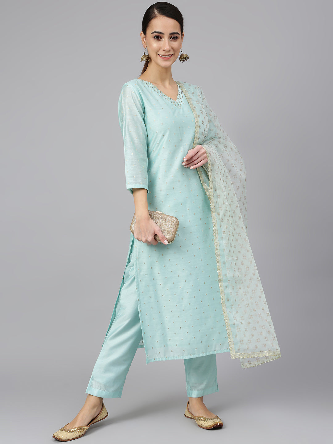 Janasya Women's Sea Green Chanderi Silk Embellished Kurta With Pant And Dupatta - Distacart