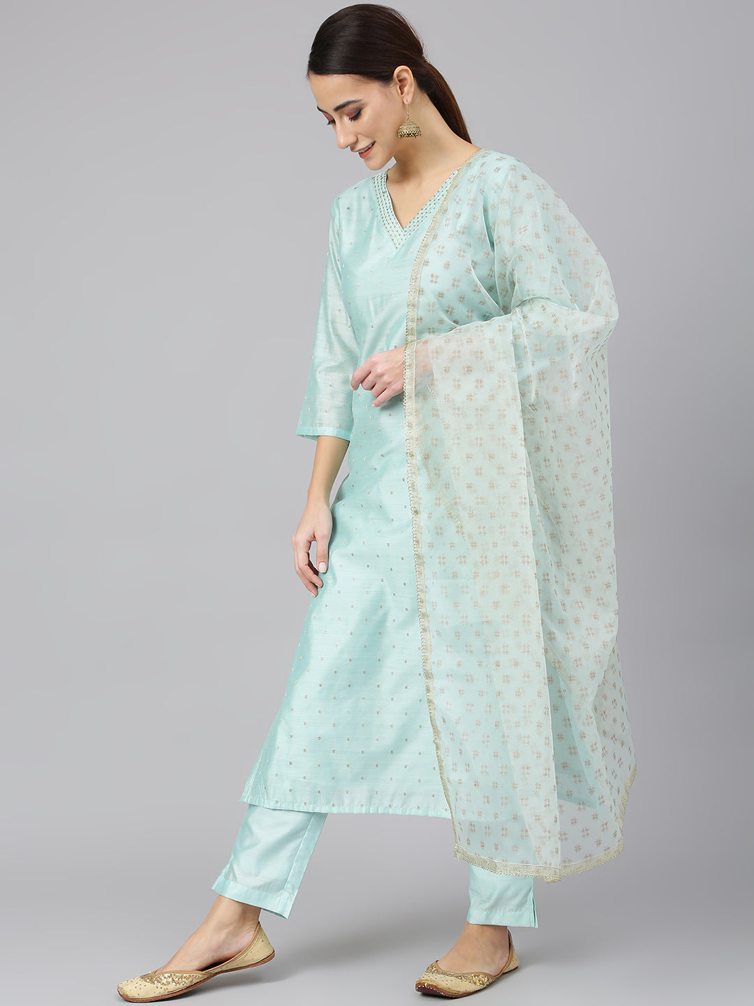 Janasya Women's Sea Green Chanderi Silk Embellished Kurta With Pant And Dupatta - Distacart