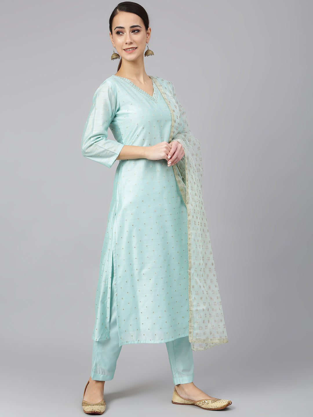 Janasya Women's Sea Green Chanderi Silk Embellished Kurta With Pant And Dupatta - Distacart