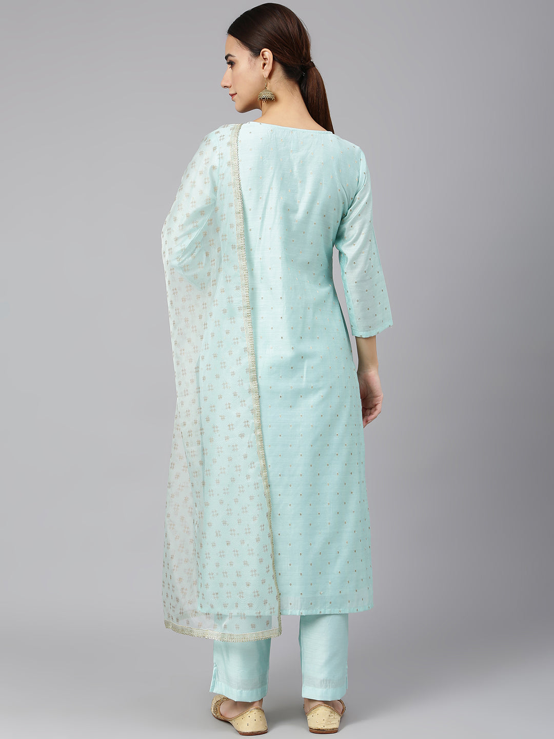 Janasya Women's Sea Green Chanderi Silk Embellished Kurta With Pant And Dupatta - Distacart