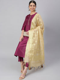 Thumbnail for Janasya Women's Wine Poly Silk Embellished Kurta With Pant And Dupatta - Distacart