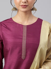Thumbnail for Janasya Women's Wine Poly Silk Embellished Kurta With Pant And Dupatta - Distacart