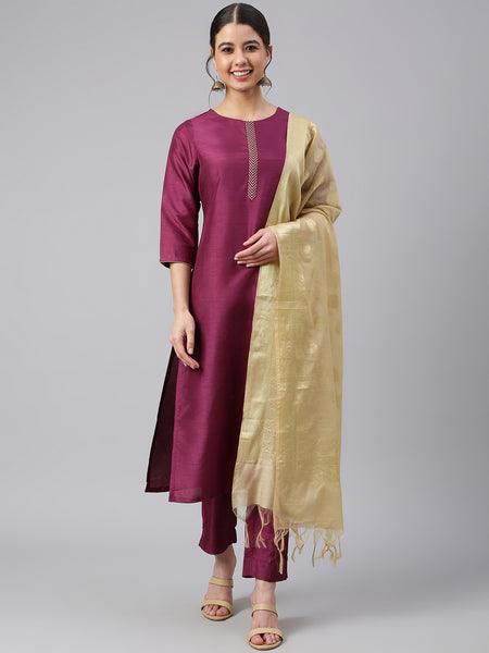 Janasya Women's Wine Poly Silk Embellished Kurta With Pant And Dupatta - Distacart