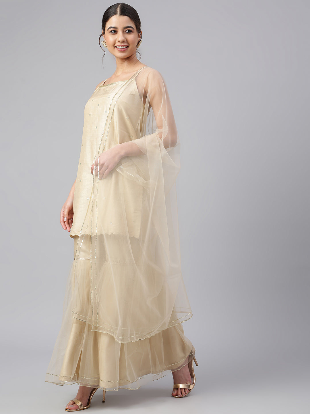 Janasya Women's Beige Poly Silk Embellished Kurta With Gharara And Dupatta - Distacart