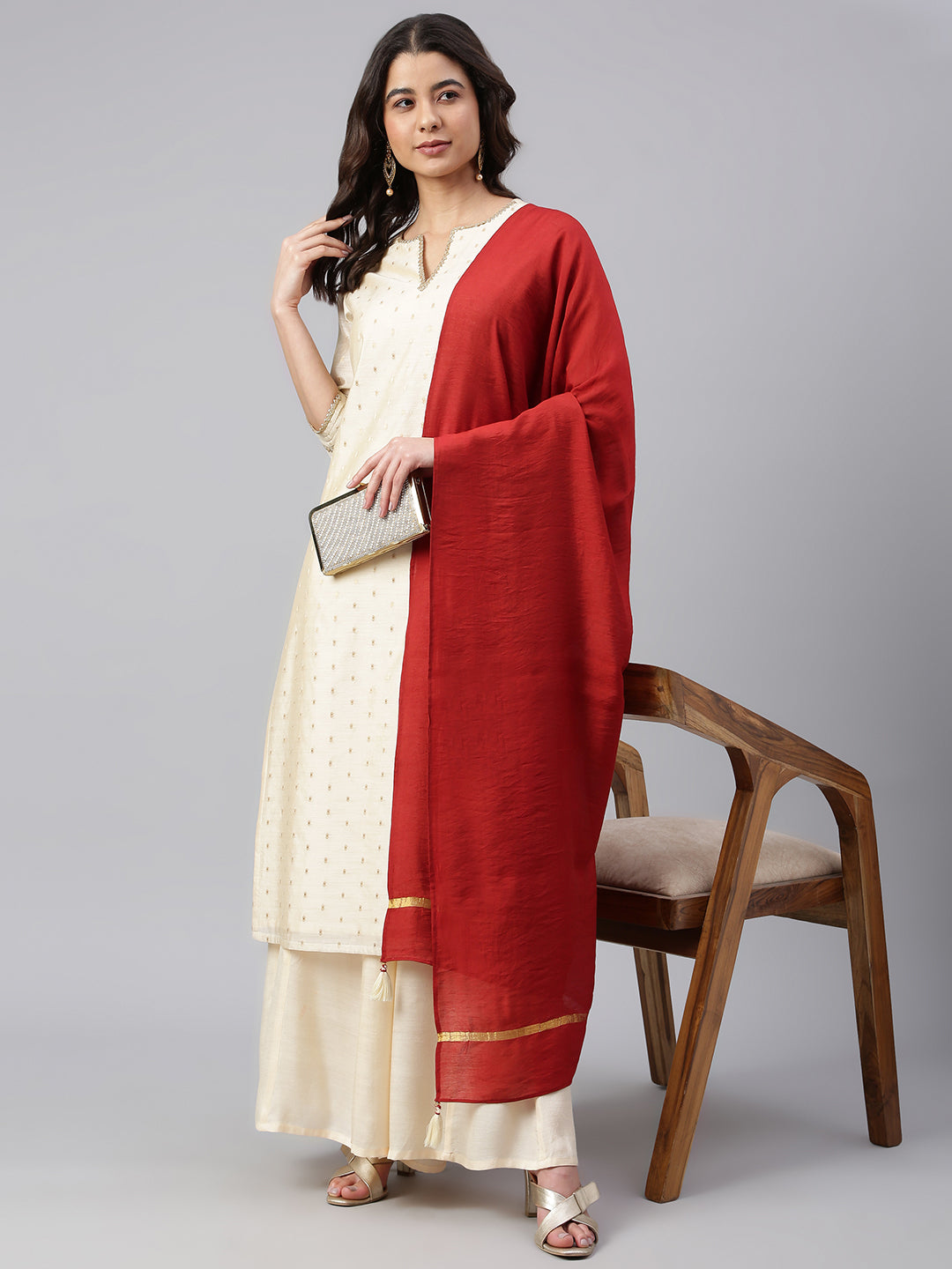 Janasya Women's Beige Chanderi Silk Woven Kurta With Palazzo And Dupatta - Distacart