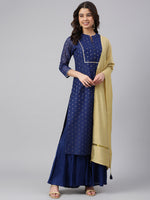 Thumbnail for Janasya Women's Dark Blue Chanderi Silk Woven Kurta With Sharara And Dupatta - Distacart
