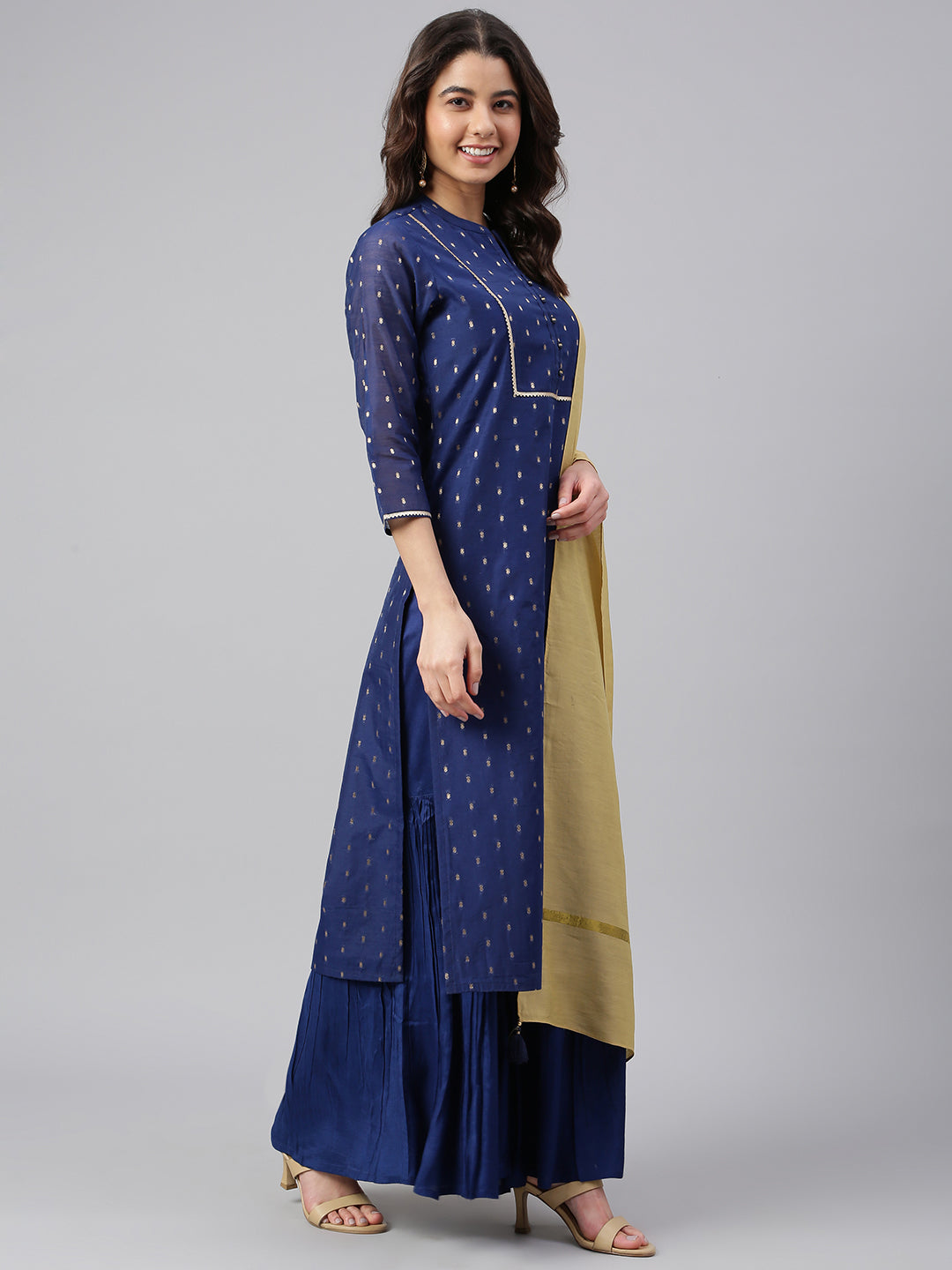 Janasya Women's Dark Blue Chanderi Silk Woven Kurta With Sharara And Dupatta - Distacart