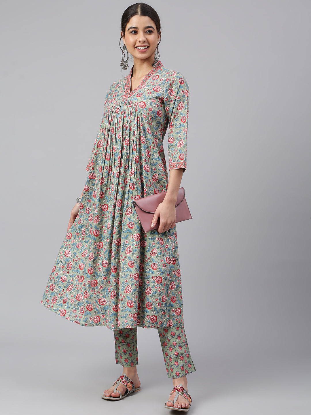 Janasya Women's Sea Green Cotton Floral Print Kurta With Pant - Distacart