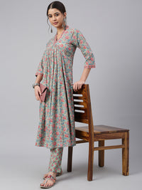 Thumbnail for Janasya Women's Sea Green Cotton Floral Print Kurta With Pant - Distacart
