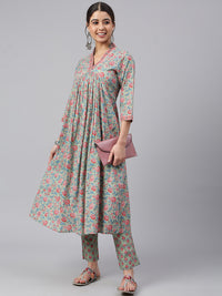 Thumbnail for Janasya Women's Sea Green Cotton Floral Print Kurta With Pant - Distacart