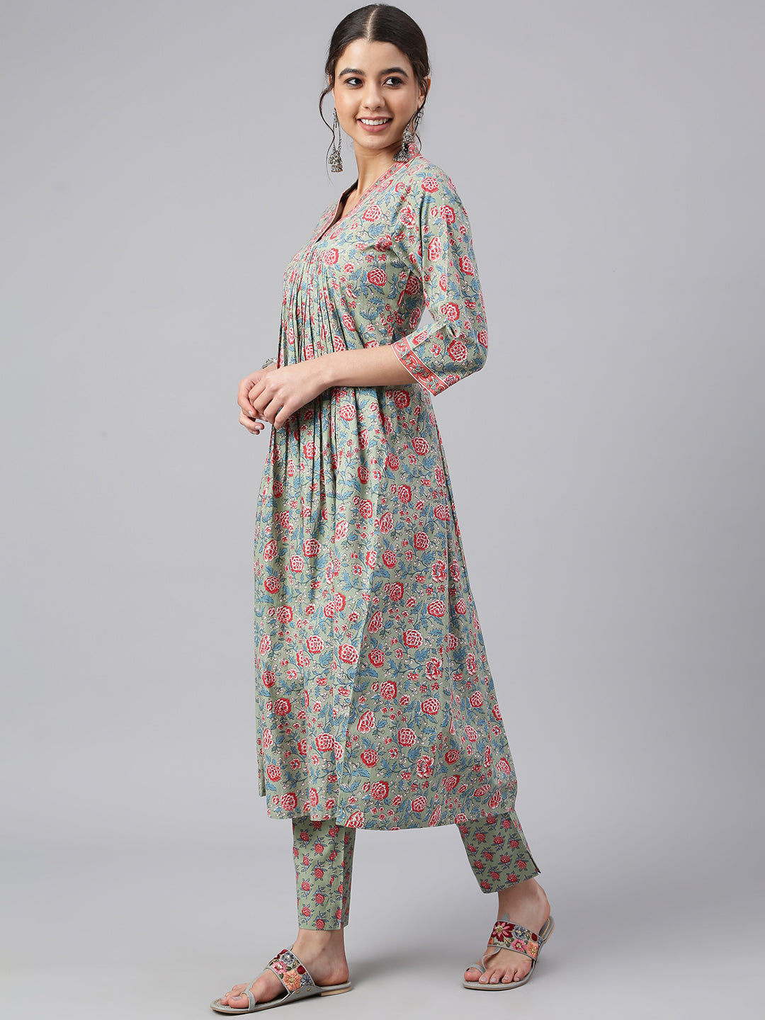 Janasya Women's Sea Green Cotton Floral Print Kurta With Pant - Distacart