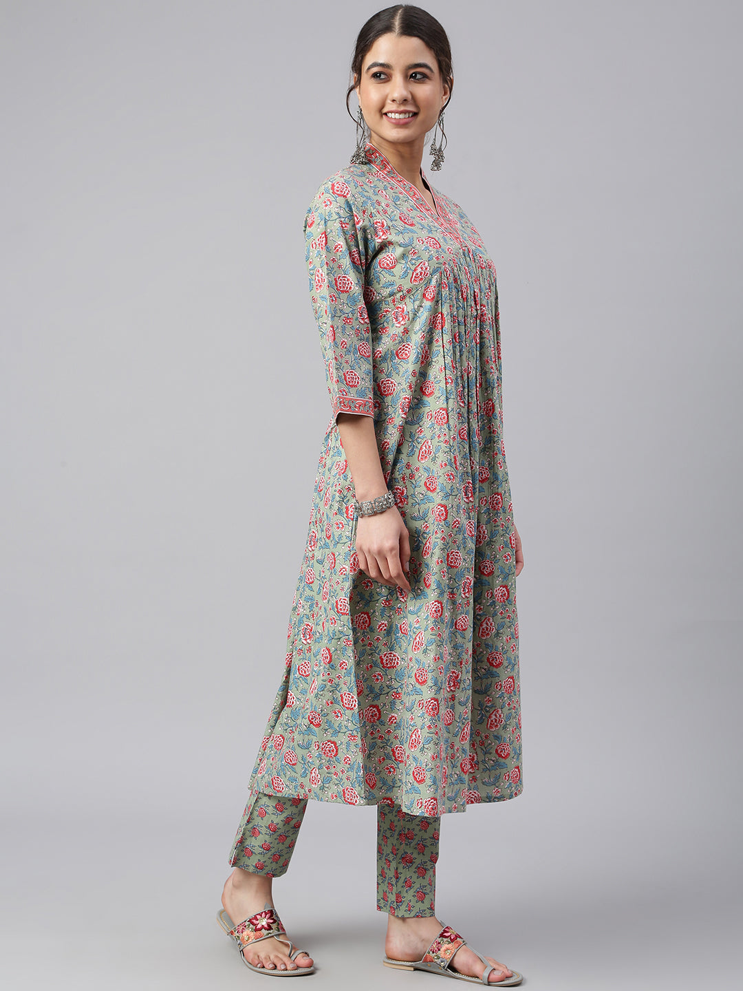 Janasya Women's Sea Green Cotton Floral Print Kurta With Pant - Distacart
