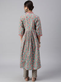 Thumbnail for Janasya Women's Sea Green Cotton Floral Print Kurta With Pant - Distacart