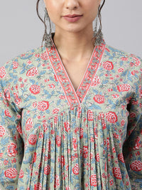 Thumbnail for Janasya Women's Sea Green Cotton Floral Print Kurta With Pant - Distacart