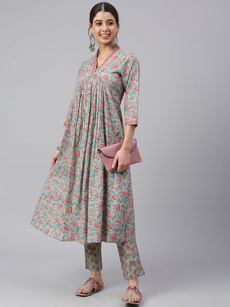 Janasya Women's Sea Green Cotton Floral Print Kurta With Pant - Distacart