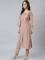 Thumbnail for Janasya Women's Dusty Rose Viscose Blend Embroidered Kurta With Pant - Distacart