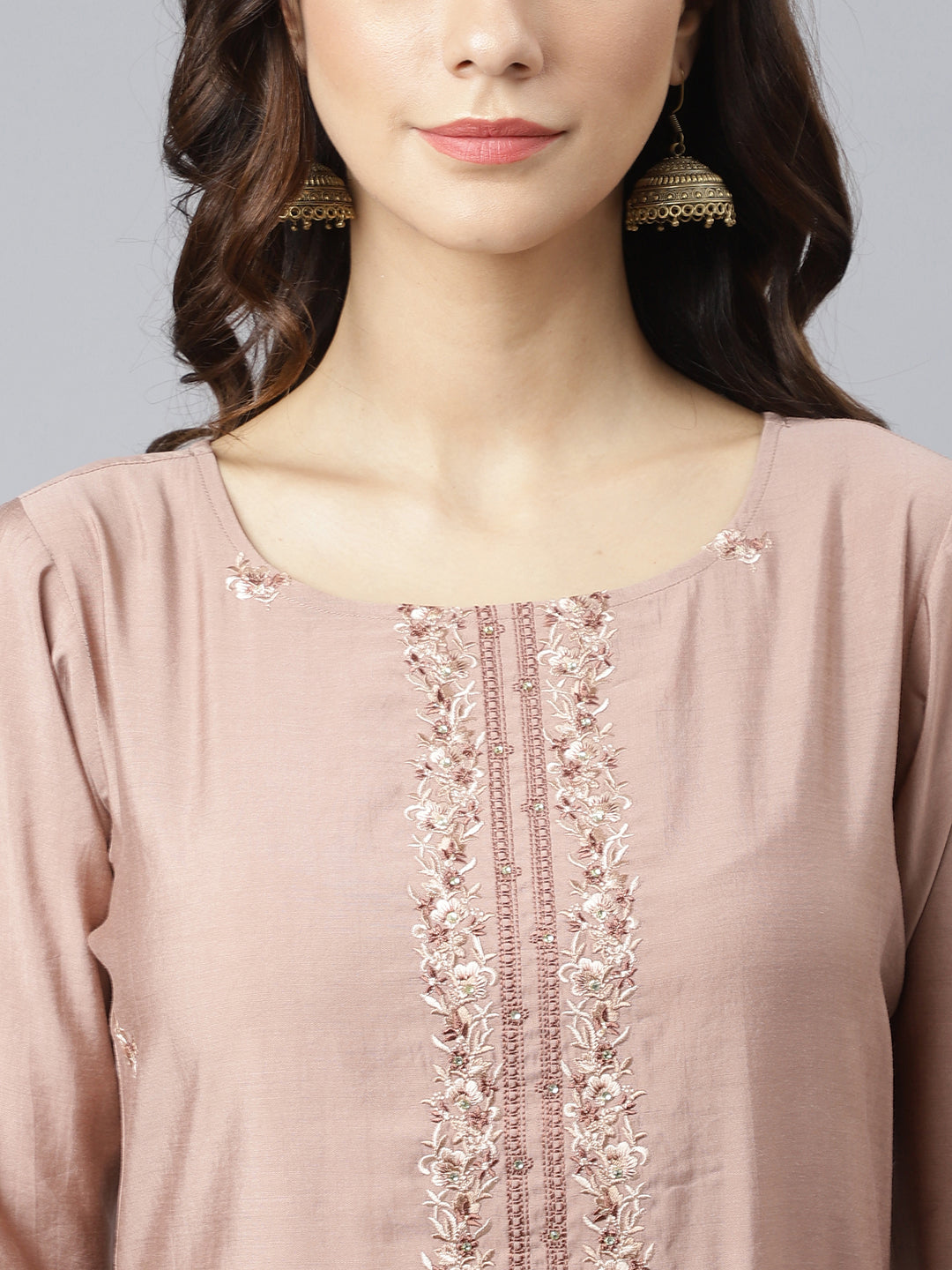 Janasya Women's Dusty Rose Viscose Blend Embroidered Kurta With Pant - Distacart