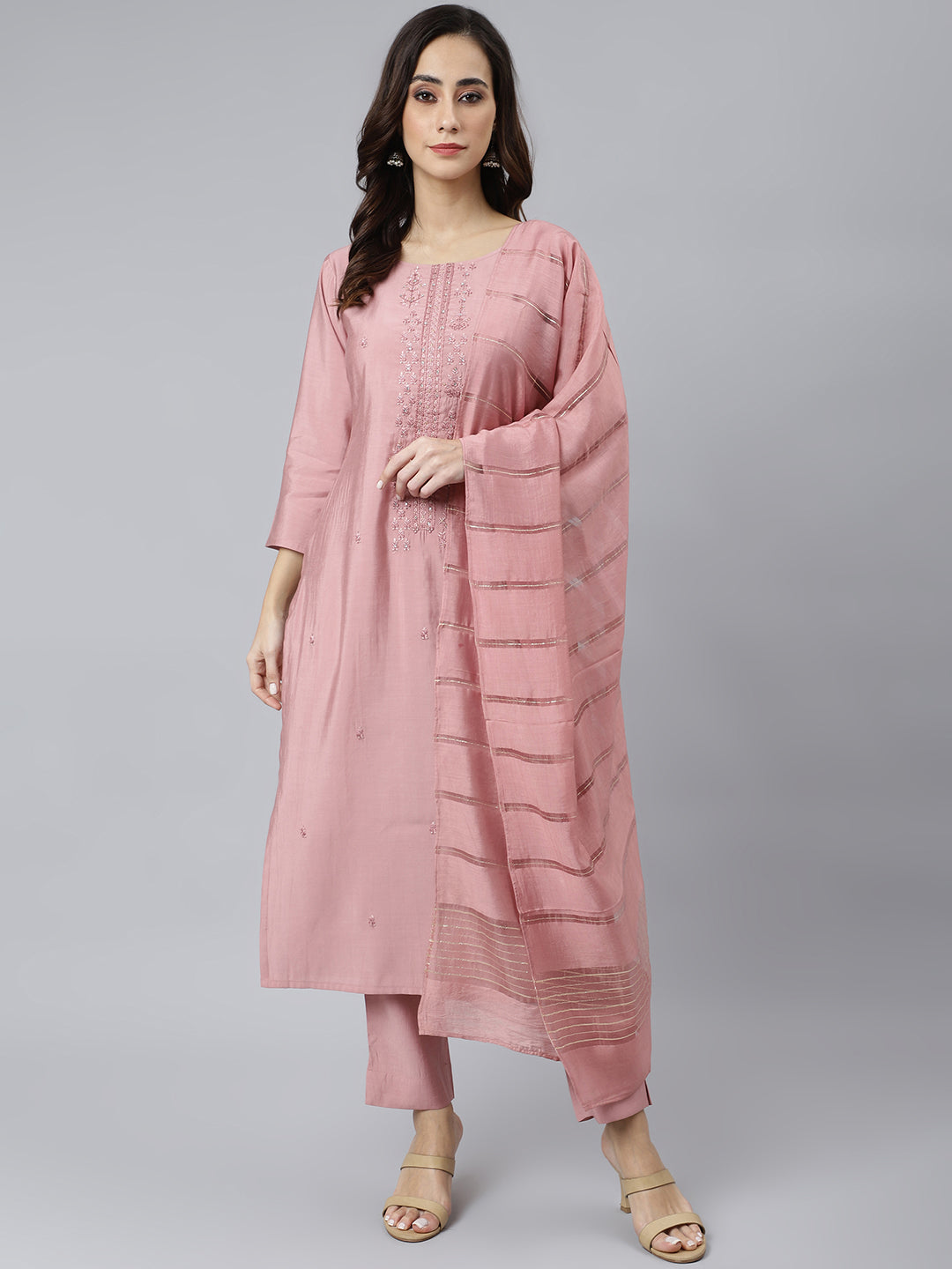 Janasya Women's Light Pink Poly Silk Embroidered Kurta With Pant And Dupatta - Distacart