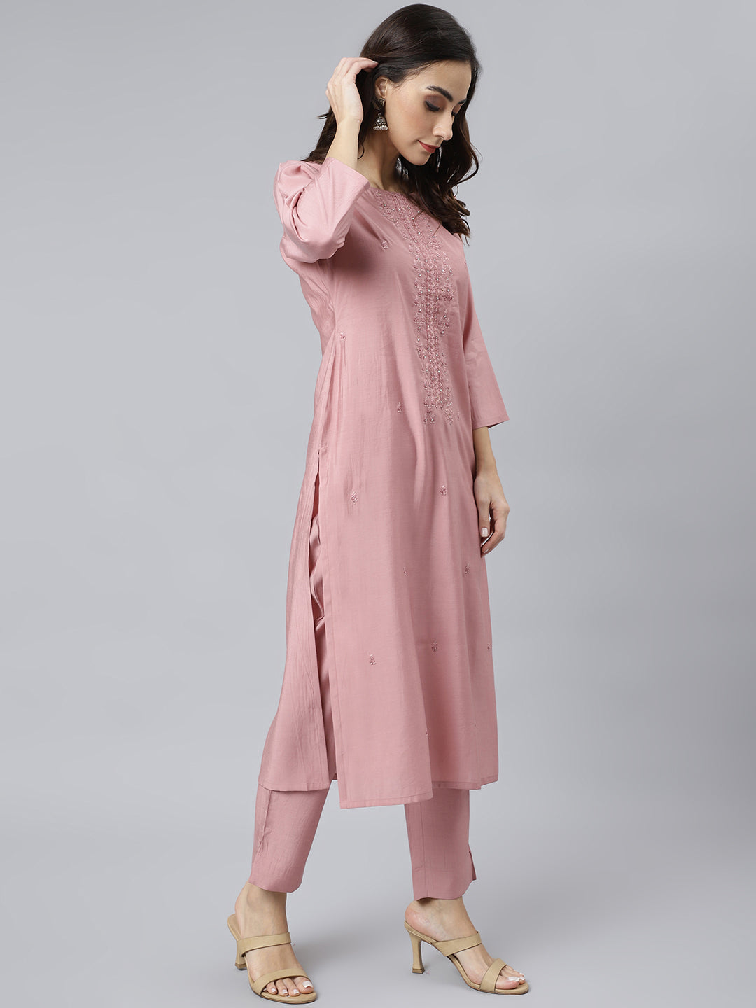 Janasya Women's Light Pink Poly Silk Embroidered Kurta With Pant And Dupatta - Distacart