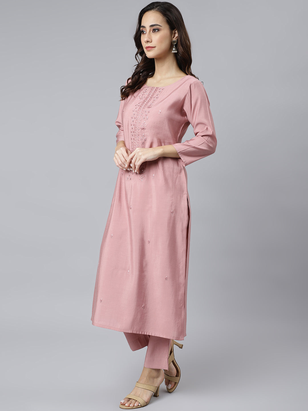 Janasya Women's Light Pink Poly Silk Embroidered Kurta With Pant And Dupatta - Distacart
