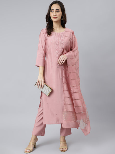 Janasya Women's Light Pink Poly Silk Embroidered Kurta With Pant And Dupatta - Distacart