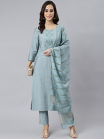 Thumbnail for Janasya Women's Dusty Blue Viscose Blend Embroidered Kurta With Pant - Distacart