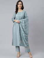 Thumbnail for Janasya Women's Dusty Blue Viscose Blend Embroidered Kurta With Pant - Distacart