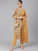 Thumbnail for Janasya Women's Light Brown Cotton Floral Print Kurta With Pant And Dupatta - Distacart