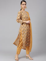 Thumbnail for Janasya Women's Light Brown Cotton Floral Print Kurta With Pant And Dupatta - Distacart
