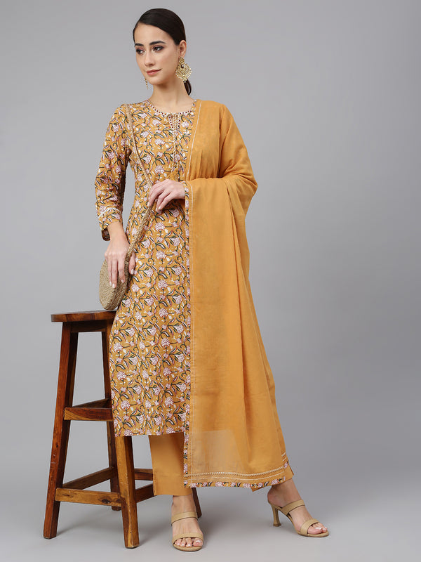 Janasya Women's Light Brown Cotton Floral Print Kurta With Pant And Dupatta - Distacart
