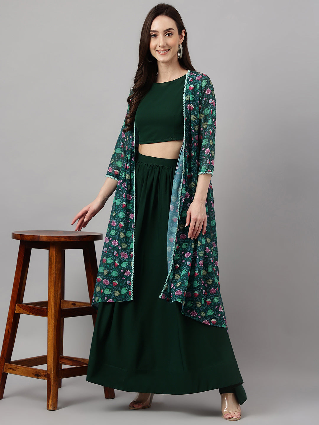 Janasya Women's Green Crepe Solid Crop Top With Skirt And Jacket - Distacart