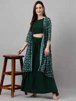 Thumbnail for Janasya Women's Green Crepe Solid Crop Top With Skirt And Jacket - Distacart