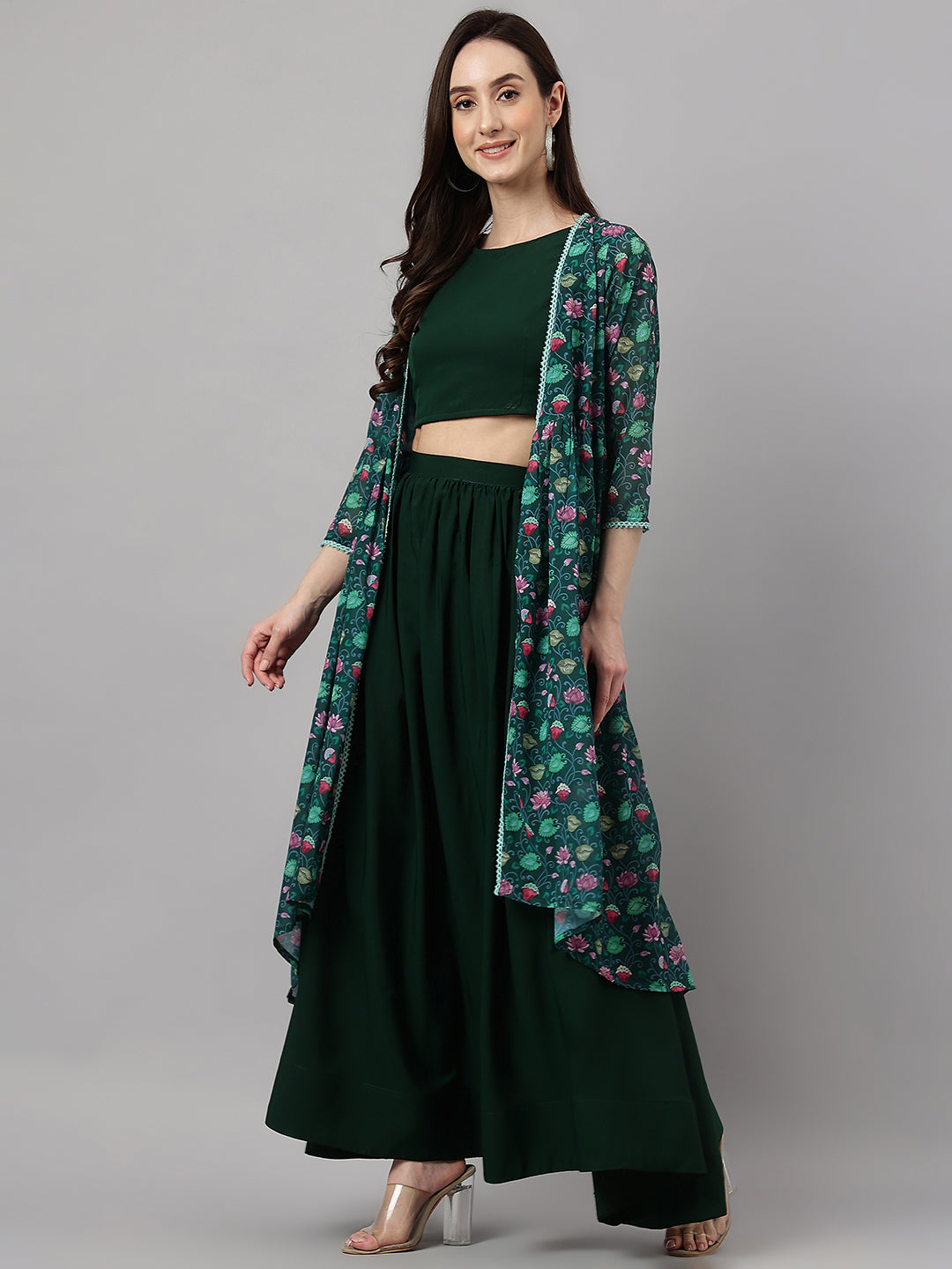 Janasya Women's Green Crepe Solid Crop Top With Skirt And Jacket - Distacart