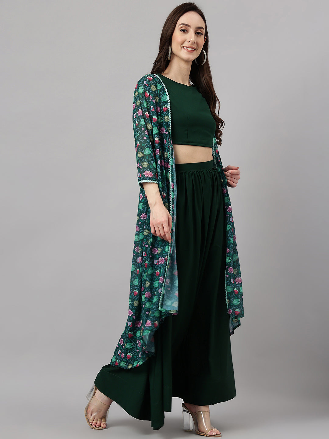 Janasya Women's Green Crepe Solid Crop Top With Skirt And Jacket - Distacart